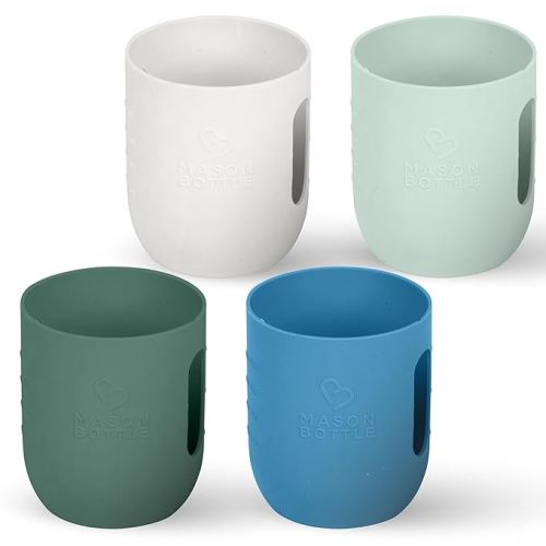 Mason Bottle 8oz Silicone Sleeves for Regular Mouth Mason Jars (4-Pack) Silicone Mason Jar Sleeves for Baby Bottles, Drinking Glasses & Storage Jars, Non-Slip, Protective, Dishwasher Safe, Made in USA