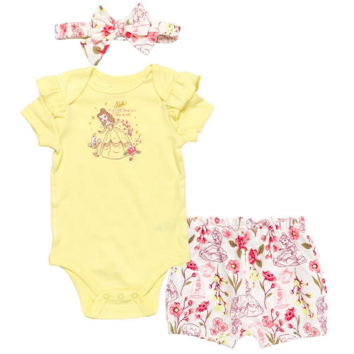 Disney Princess Belle Floral Bodysuit French Terry Bubble Shorts and Headband 3 Piece Outfit Set Newborn to Infant