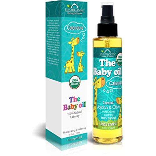 US Organic Baby Oil with Calendula, Jojoba, and Olive Oil with Vitamin E, USDA Certified Organic, No Alcohol, Paraben, Artificial Detergents, Color, Synthetic Perfumes, 5 fl. Oz (Pure Unscented)