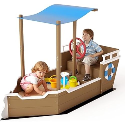 PetsCosset Kids Wooden Sandbox with Canopy, Pirate Ship Sandbox with Lid Outdoor with Steering Wheel, Built-in Seats & Storage, Bottomless Design with Liner, UV-Resistant Roof, Gift for Ages 2-8