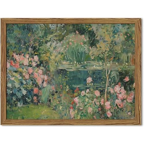 Framed Vintage Floral Landscape Canvas Wall Art, Rose Garden Pond Wall Decor Paintings, Rustic Cottagecore Nature Plant Pictures Prints Aesthetic Home Decor for Living Room Bedroom Bathroom 12x16 inch