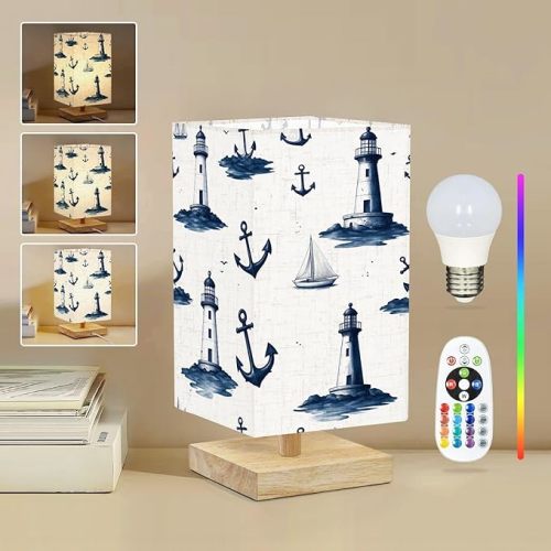 Square Table Lamp for Bedroom Nautical Lighthouses Anchors Sailboats Navy Blue Tones Beside Lamps Desk lamp with Wood Base Nightstand Lamps for Nursery Living Room Home Decor