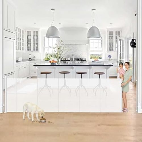 Reinforced 42” Tall x 130” Extra Wide Retractable Baby Gate for Large Openings Extra Tall Dog Gate with Rods to Prevent Crawling Through, Extra Long Mesh Pet Gate for Doorways, White