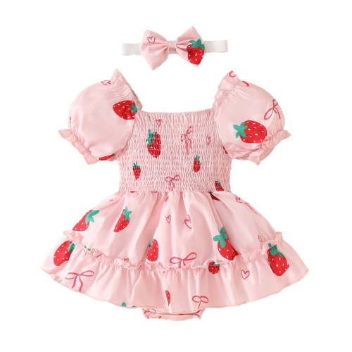 Baby Boy Baby Long Sleeve Bodysuit Girls Short Sleeve Ruffles Strawberry Prints Romper Bodysuits Dress