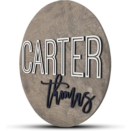 Custom Round Nursery Name Sign, Personalized Wooden Wall Plaque, 12" 18" 24", 30" 3D Wall Art for Children & Kids Rooms, Baby Shower, Hickory Hollow Designs (Carter Thomas)