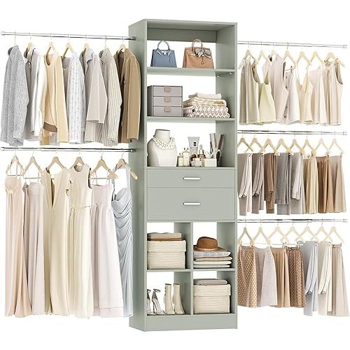 Besiost Closet System, 4-8 FT Closet Organizer Tower with 2 Wooden Drawers and 5 Hanging Rods, Can Fit 60 to 96 inch Walk-in Closet System, Crab Green