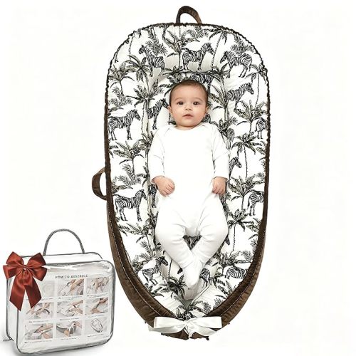 Baby Lounger-Breathable and Soft Organic 100% Cotton, Portable Infant Lounger with Removable Lounger Cover, Baby nest Lounger for Newborn - Brown Zebra