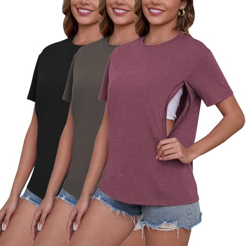 Ecavus Women's 3-Pack Nursing Shirts for Breastfeeding with Hidden Zippers Loose Fit Maternity Tops