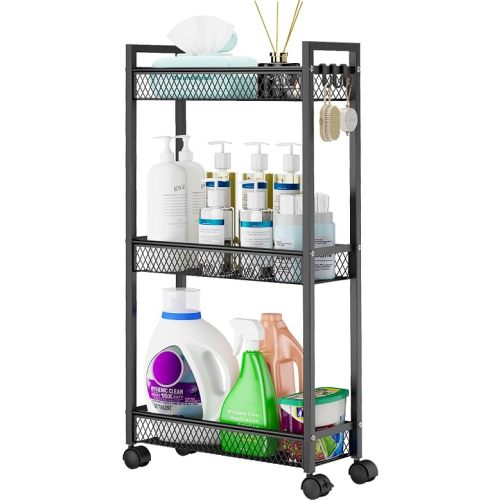 YASONIC Slim Rolling Storage Cart, Metal 3 Tier Bathroom Storage Organizer Laundry Room Utility Cart for Kitchen, Bthroom, Makeup, Craft, Laundry Narrow Places, Black