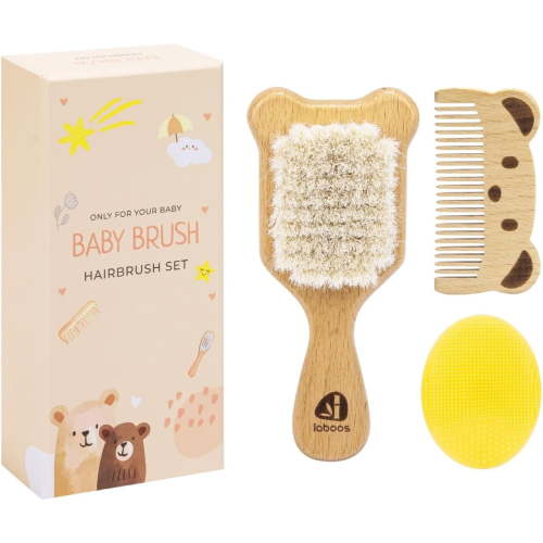 Baby Brush and Comb Set for Newborns and Toddlers - Wooden handle and natural soft goat bristles, Gentle cradle cap care, Baby massage and scalp brush, Ideal baby gift, Beech wood with cute bear