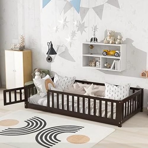 Twin Size Wood Montessori Bed Frame with Wood Slats, Fence & Door for Children Girls and Boys, Espresso (with Bed Slats)