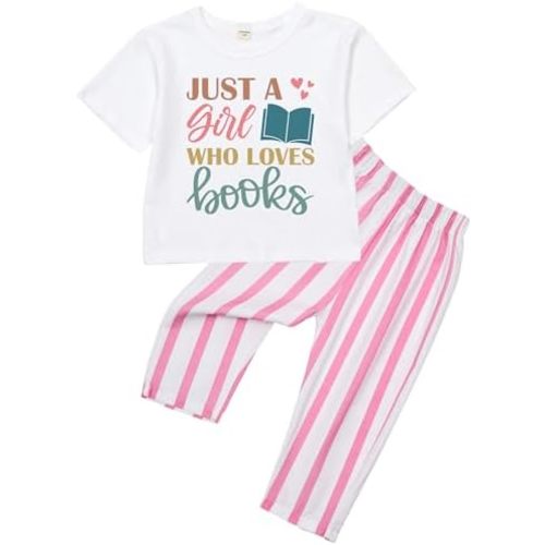 MiniOlie Toddler Baby JUST A GIRL WHO LOVE BOOKS Outfit T Shirt Tees Elastic Striped Pants 2Pcs Set Summer Clothes