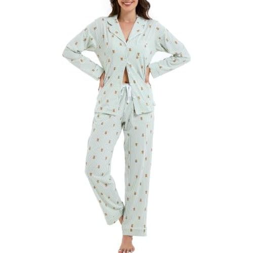 LUBOT 100% Cotton Pajamas for Women Pajama Set 2 Piece PJ Sleepwear Set Soft Ladies Button Knit Long Sleeve Loungewear XS-XXL