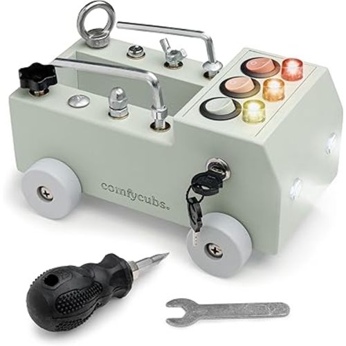 Comfy Cubs Busy Board Toy Truck Set - Fun & Noise-Free, Pine Wood Activity Board for Toddlers with LED Light Switch - Designed in The US, Focused & Engaging Montessori Play for Kids 3+ (Sage)
