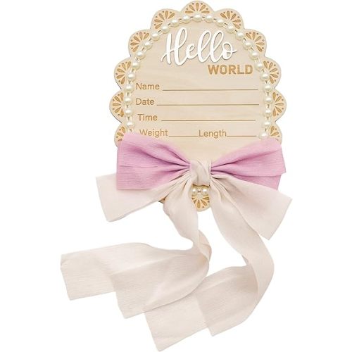 Wonhibo Pearl & Bow Newborn Announcement Sign - Baby Hospital Photo Prop Wooden Name Board Card for Birth Welcome Hello World for Girls