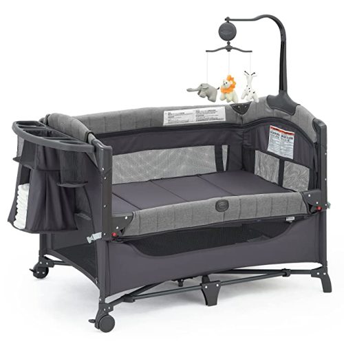 QUTANIX Baby Bedside Bassinet Sleeper,5-in-1 Pack and Play with Full-Size Bassinet,Baby Playard with Changing Table,Storage Shelf,Music Mobile with Soft Toys for Newborn to Toddlers (Grey)