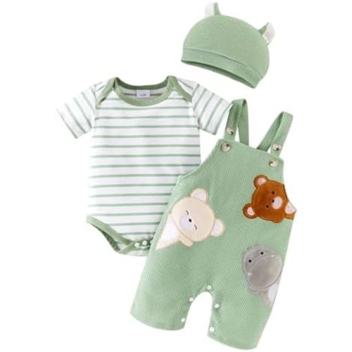 Baby Boy Clothes Newborn Striped Romper Infant Bear Suspender Overall Cute Hat 3Pcs Set Summer Outfits 0-18 Months