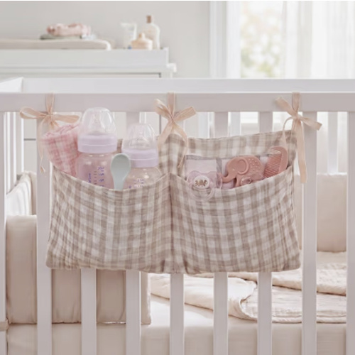 Amazon.com: Klyyo Clyro Gingham Crib Hanging Organizer Gingham Diaper Bag Organizer Playpen Organizers Hanging Cotton Crib Storage Bag for Baby Girl's Room(Beige)