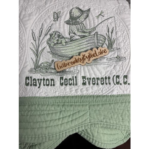 Embroidered Fishing Baby Quilt: Personalized Nursery Blanket