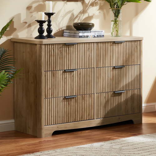 CHITOOMA Fluted Dresser for Bedroom, Modern Wooden 6 Drawer Dresser, Storage Cabine Chest of Drawers for Living Room Hallway, Natural