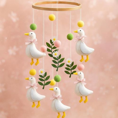 Vicenpal Silly Goose Baby Mobile for Crib Pink Nursery Decor Silly Goose Baby Stuff Felt Nursery Mobile for Girl Crib Neutral Wooden Handmade Hanging Decor