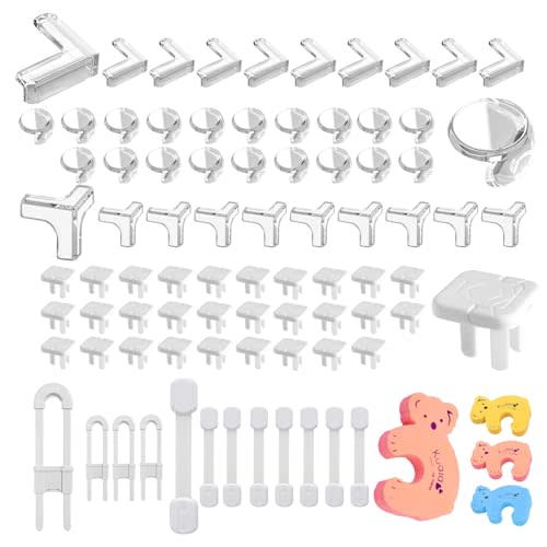 86Pack Baby Proofing Kit: Baby Locks(Strip-Shape 8Pack,U-Shape 4Pack), Baby Corner(Ball-type 20Pack,T-type 10Pack, L-type 10Pack),Socket cover 30Pack, Cartoon door stop 4Pack