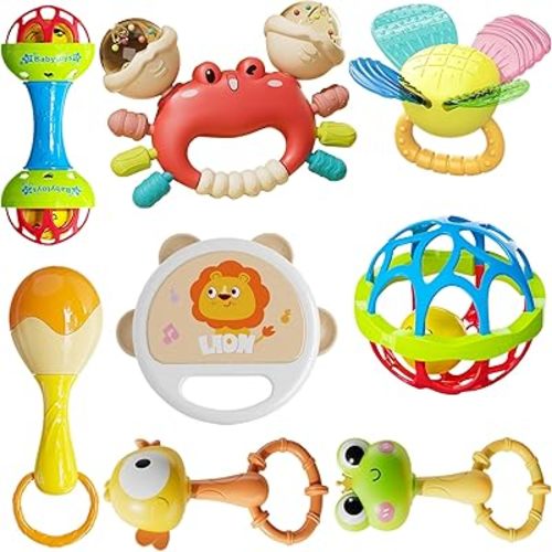 Infant Rattle and Teether Toy Set, 8PCS Baby Rattles Toys with Crinkle Sound,Teething Ring,Squeeze Toy for 3+ Months,Colorful Animal Design (Lion, Crab, Frog, Bird) for Sensory Development