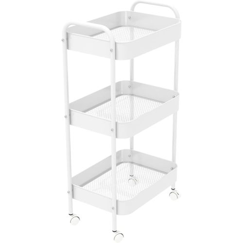 3-Tier Metal Utility Rolling Cart, Multi-Functional Storage Trolley for Office, Living Room, Kitchen, Movable Storage Organizer with Wheels, White