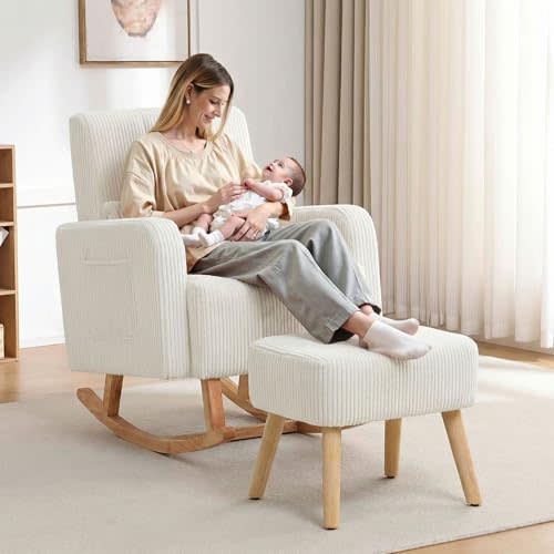 HCHAIRH Rocking Chair with Nursery Ottoman, Corduroy Upholstered Glider Rocker with High Backrest and Side Pocket, Comfy Reading Chair with Solid Wood Legs, Living Room,Bedroom Beige