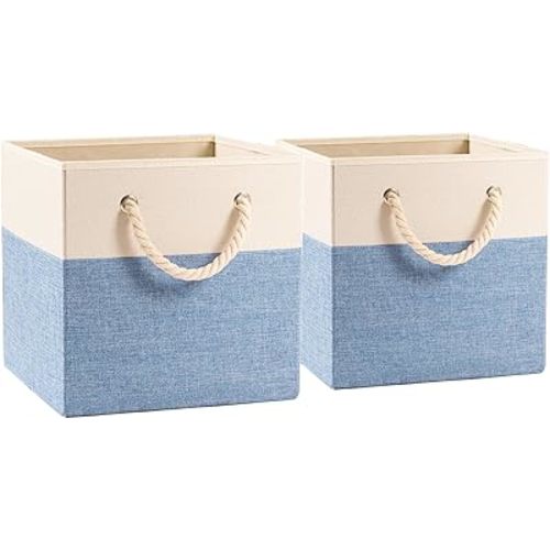 PRANDOM Large Foldable Cube Storage Bins 11x11 inch [2-Pack] Fabric Linen Storage Baskets Cubes Drawer with Cotton Handles Organizer for Shelves Nursery Closet Bedroom Beige/Blue