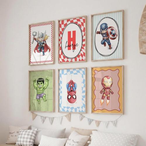 Personalized Super Heroes Wall Art, Heroes Nursery Poster: Set of 6 Prints (Digital Download