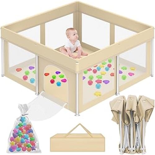 Foldable Playpen for Babies and Toddlers, 50"×50" Portable Playard with Carry Bag & 50 Ocean Balls, Indoor & Outdoor Baby Fence with Thick Mesh, No Assembly Required, Mat Not Included, Beige
