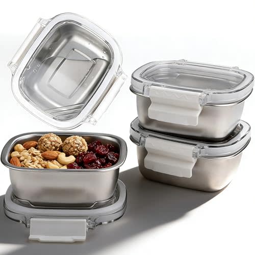 3 Pack Stainless Steel Reusable Snack Containers with Lids - 8.45 oz Small Metal Snack & Lunch Food Boxes, Shatterproof Leakproof Freezer Safe Meal Prep Containers for Portioning Snacks, Dips