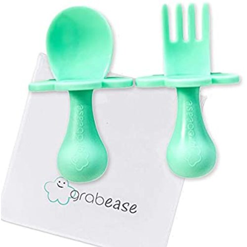 GRABEASE First Self Feed Baby Utensils with a Togo Pouch - Anti-Choke, BPA-Free Baby Spoon and Fork Toddler Utensils - Toddler Silverware for Baby Led Weaning Ages 6 Months+, Mint
