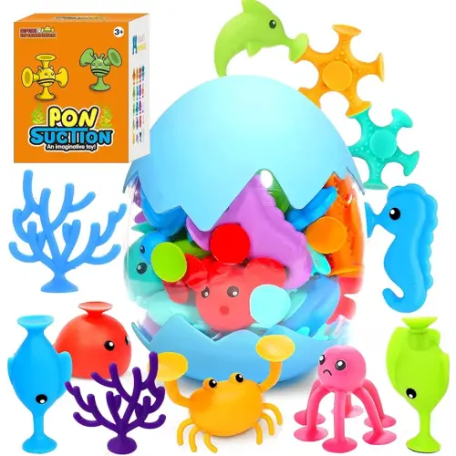 Suction Bath Toys 30pcs for Kids - Fine Motor Window Toys, Silicone Ocean Animal Suction Cup Toys with Dinosaur Eggshell, Sensory Travel Toys for Toddlers, Great for Autism/ADD/ADHD.