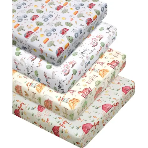 VitalCozy 4 Pcs Farm Animals Crib Sheet Set Newborn Bedding Nursery Baby Sheets for Girl Boys Baby Gifts for Standard Crib and Toddler Mattresses, 52 x 28 x 8 Inches