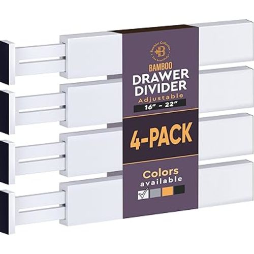 Drawer Divider Organizers - Adjustable 16" to 22" - White Bamboo Kitchen Drawer Organizer - Expandable Dividers for Kitchen, Dresser organizers, Bedroom, Clothes, Bathroom, Desk (4-Pack, White)