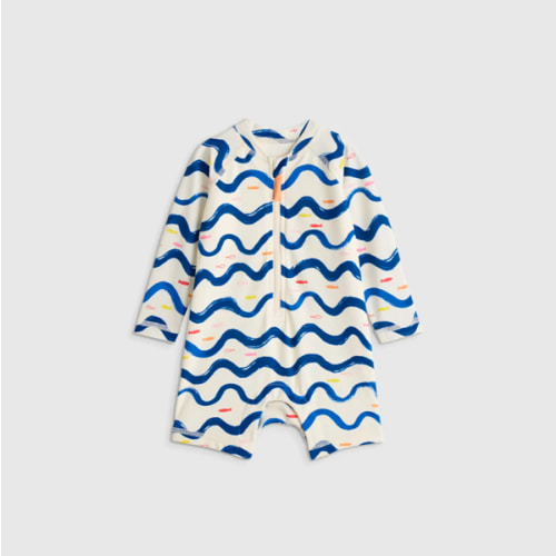 Long Sleeve Zip-Up Rash Guard One-Piece - Baby in Wavy Fish