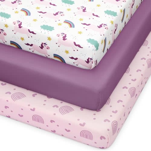 Pack and Play Sheets Fitted, 3 Pack Soft Stretchy Baby Mini Crib Sheets for Pack N Play Mattress and Portable Playard Sheets for Girls Purple Rainbow Unicorn