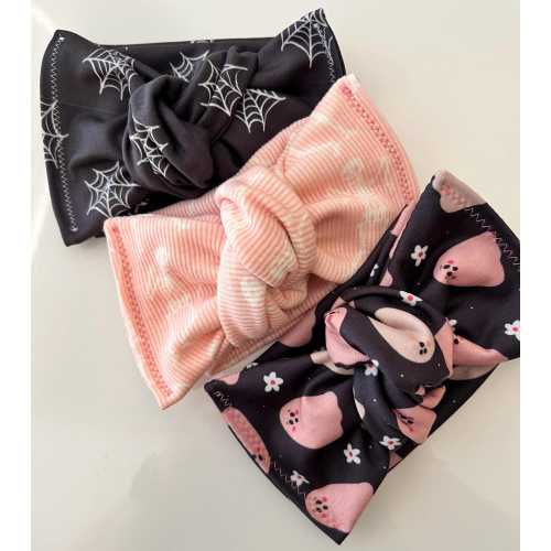 Pink Halloween Baby Headband: Spiderweb, Skeletons, Soft Stretchy Turban