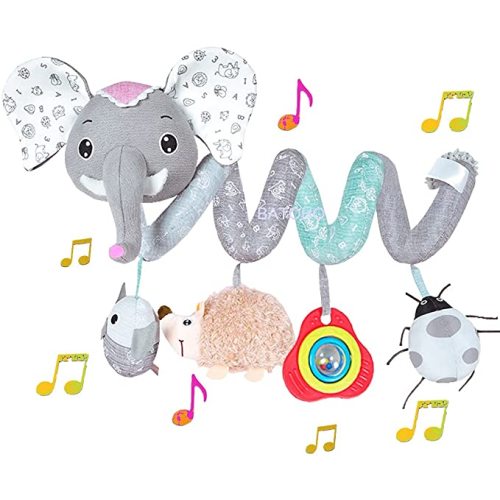 Baby Car Seat Toys, Infant Activity Spiral Toys Hanging Stroller Toys for Baby with Musical Owl Rattles Hedgehog Beep Ladybug Squeaker - Gray Elephant Toys for Newborn Baby