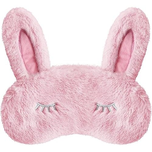 Cute Animal Sleeping Mask Sleep Mask, Soft Plush Rabbit Eye Mask for Travel Nap Sleeping Blindfold Eye Cover Eyeshade for Adult Kids Girls Teens Men Women - Rabbit, Pink