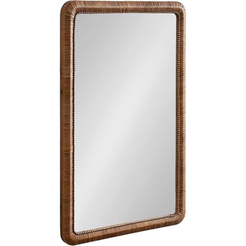 Kate and Laurel Rahfy Boho Beaded Rectangle Rattan Wall Mirror, 24 x 36, Dark Natural Wood, Decorative Rounded Rectangular Mirror with Authentic Rattan Frame for Bathroom Vanity Decor