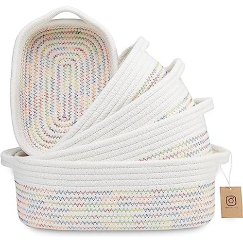 NaturalCozy 5-Piece Rectangle Storage Basket Set- Natural Cotton Rope Woven Baskets for Organizing! Small Basket for Montessori, Baby Nursery, Dog Toy Baskets, Cat Toy Box, Bathroom Organization Bin