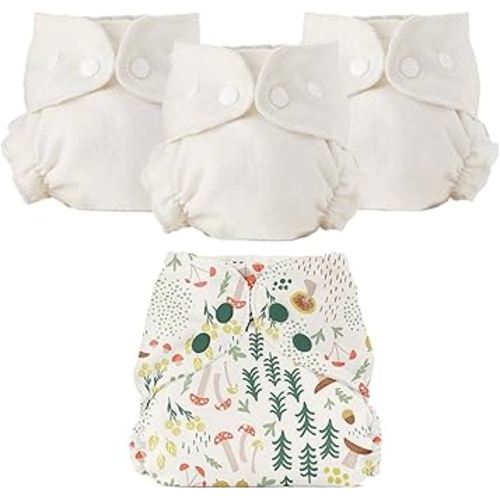 Esembly Cloth Diaper Bundle Set - 3 Organic Cotton Absorbent Inners and 1 Waterproof Outer Diaper Cover - Reusable, Washable, Snap Closure Cloth Diapers - Size 1 (7-17lbs), Fantastic Fungi