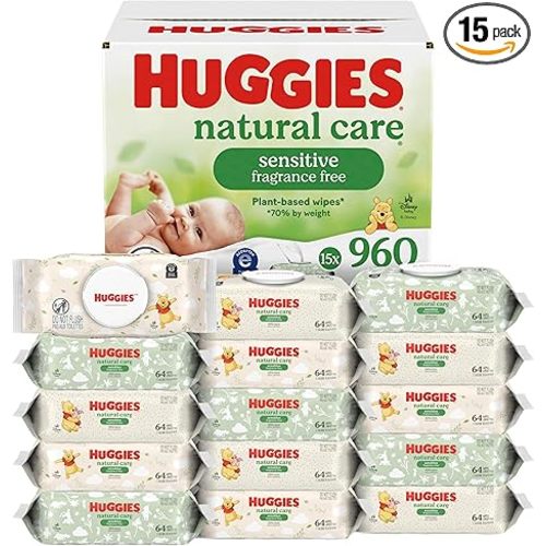 Huggies Natural Care Sensitive Baby Wipes, Unscented, Hypoallergenic, 99% Purified Water, 15 Flip-Top Packs (960 Wipes Total)