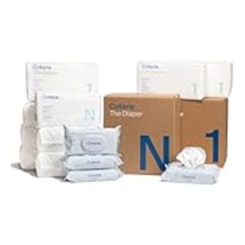 Coterie Baby Diapers + Wipes Baby Kit, Size 1 (198 Count) Size Newborn (93 Count) 4 Wipe Packs (224 Wipes) Made with Plant-Based Fibers, Hypoallergenic, Designed for Sensitive Skin, Clean Ingredients - Size N + Size 1 (198 count) + Wipes