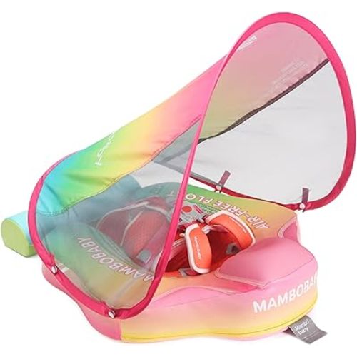 Mambobaby Float with Canopy Baby Float Non-Inflatable Baby Pool Float Solid Swimming Float Upgraded Add Tail Never Flip Over for Infant 3-24 Months, Rainbow Pink