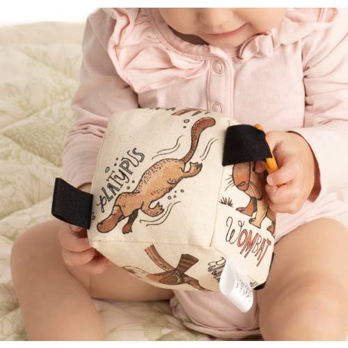 Organic Cotton Rattle Block Toy: Watercolor Australian Animals, Handmade