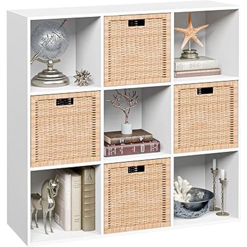 JupiterForce 9 Cube Storage Organizer Wooden Display Cube Shelf W/ 5 Removable Back Panels, Customizable Bookcase Bookshelf for Home, Office, Bedroom and Living Room (White)
